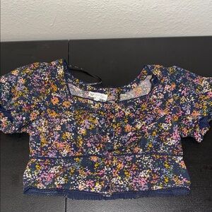 Jessica Simpson Navy Floral Cropped Peasant Blouse